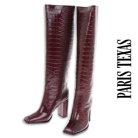 PARIS TEXAS NWT Square-Toe Crocodile-Effect Leather Knee Boots in Burgundy 8.5 - Picture 15 of 15
